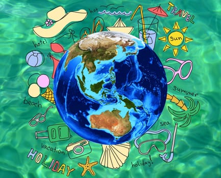 Summer holiday vacation concept, assorted items and words around Globe, on green sea water background. Element of this image furnished by NASA