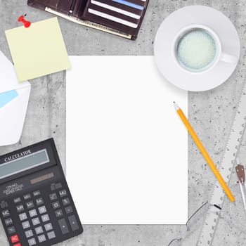 Set of office and business work elements on smooth stone surface, blank paper in the middle, top view