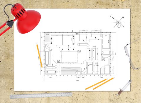 Technical plan of building on workplace. Table-lamp, ruler, pencils compasses and eyeglasses around. Top view, on smooth stone surface