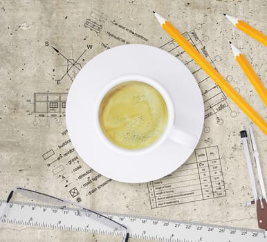 Technical plan of building, pencils, ruler, compasses, eyeglasses and cup of coffee Top view, on smooth stone surface