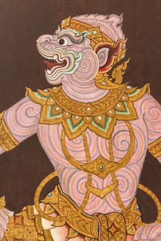 The image of Hanuman (Ramayana literature) on wall at Wat Phra Kaew ,Bangkok