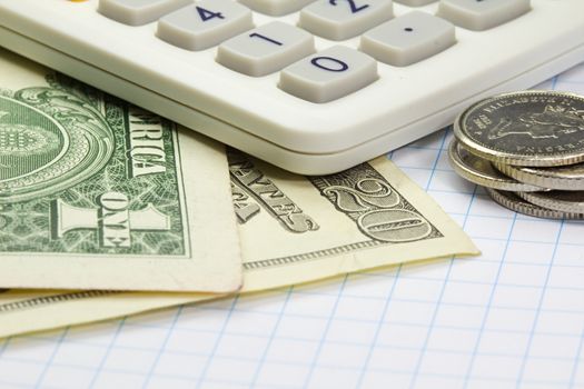 Photo shows a closeup of business calculator and money on a paper.