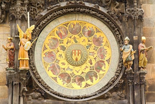 Photo shows a closeup of the Prague Astronomical Clock (Orloj) in the Old Town of Prague.