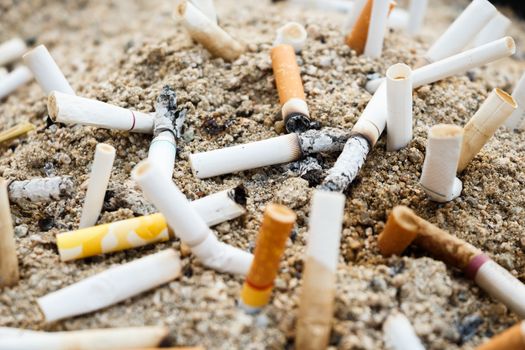 many burnt cigarettes on ashtray and sand