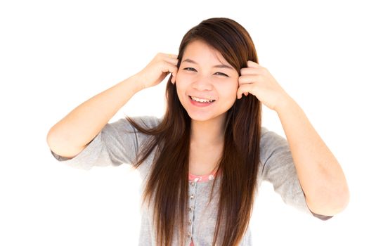 round face thai woman is happy and hold her hair on white background