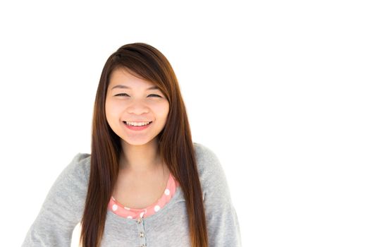 round face and white skin thai hairy woman with gray coat is smiling on white background (Blank area at right side)