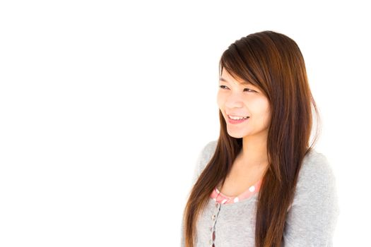 asian woman is looking and thinking for something on white background