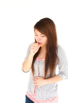 thai sick woman is coughing on white background