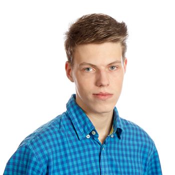 A teenage male wearing a blue shirt on white background