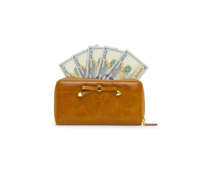 Purse with hundred dollar banknote isolated on white background cutout