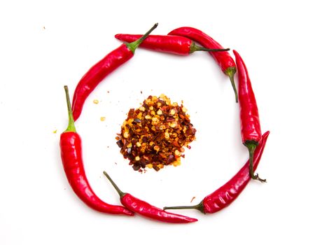 Hot peppers around the spices on white background