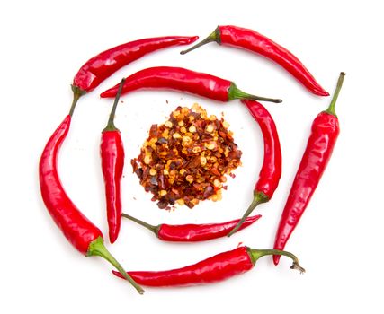 So many hot peppers around the spices on white background
