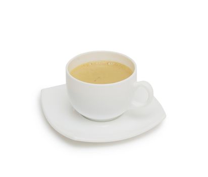 Coffee cup and saucer on a white background.