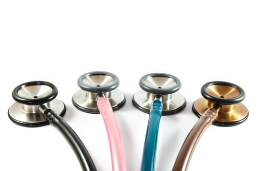 colorful stethoscopes line on white background (isolated) and blank area at upper side