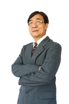 old aged thai businessman with glasses is standing and looking on white background(isolated)
