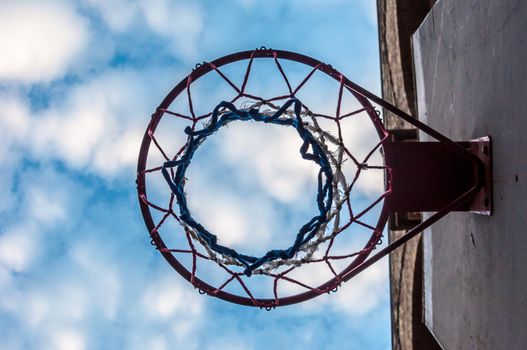 view of an old basketball hoop from below