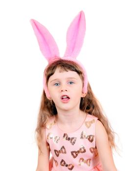 Little Girl with Bunny Ears Isolated on the White Background