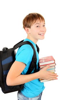 Cheerful Schoolboy with the Books Isolated on the White Background