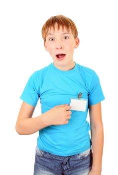 Surprised Kid with a Badge on t-shirt Isolated on the White Background