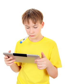 Sick Kid with Thermometer and Tablet Computer on the White Background