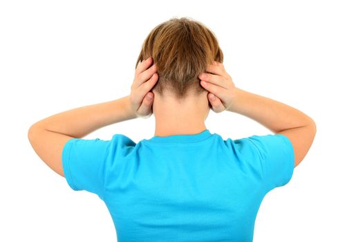 Rear view of Teenager with covered Ears Isolated on the White Background