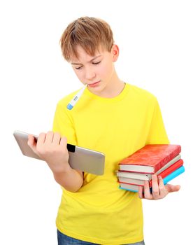 Sad and Sick Schoolboy with the Books and Tablet on the White Background