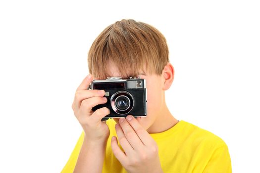 Kid with Vintage Photocamera Isolated on the White Background