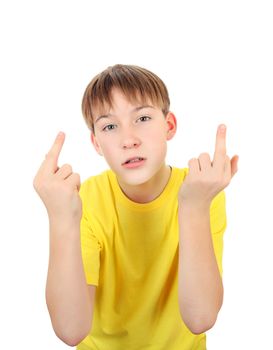 Annoyed Teenager with Middle Finger gesture on the White Background