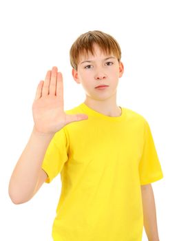 Serious Boy shows Stop hand gesture Isolated on the White Background