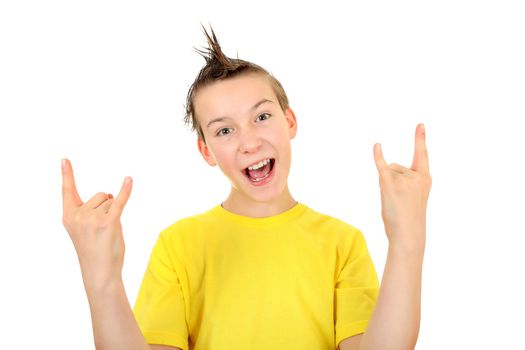 Kid with Sign of the Horns Isolated on the White Background