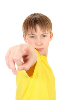 Serious Boy pointing at You Isolated on the White Background