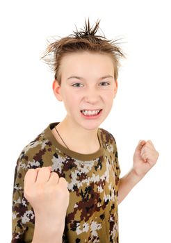 Angry Kid in Boxer Pose Isolated on the White Background