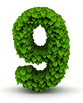 Number 9 green leaves font ecology theme on white background