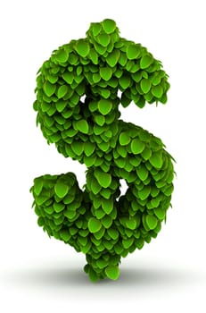 Dollar sign, green leaves font ecology theme on white background