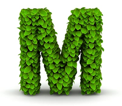 Leaves alphabet font letter M on white background