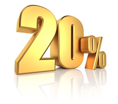 3D rendering of 20 percent in gold metal letters on white background 