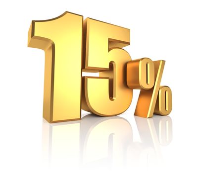 15 percent on white background. 3d rendering golden metal discount 