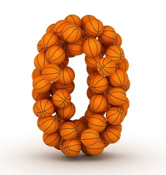 Number 0, alphabet from basketball balls on white bg