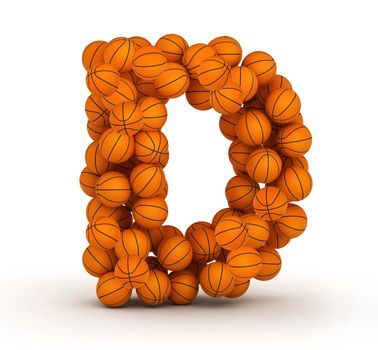 Letter D, alphabet from basketball balls on white bg