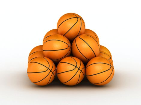 Stack of piled up basketball balls on white bg