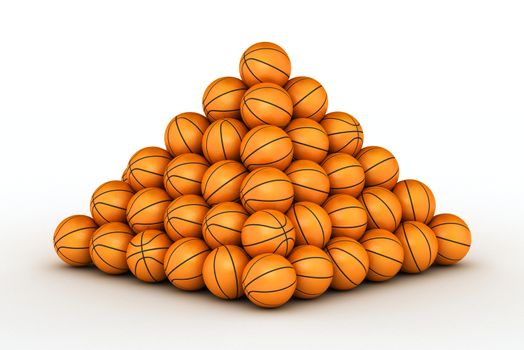 Stack of piled up basketball balls on white bg