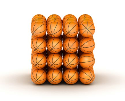 Stack of piled up basketball balls on white bg