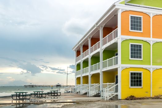 Colorful apartment building overlooking the beautiful Fort Myers Beach in Florida, USA