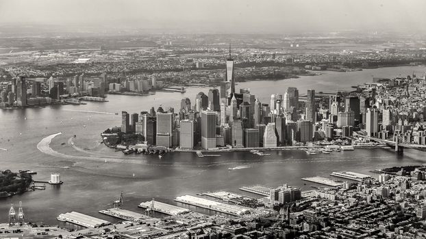 Aerial view of the Island of Manhattan and part of Queens Borough of New York