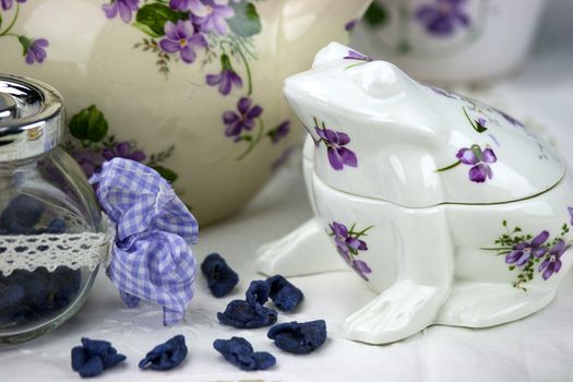 English afternoon tea with sweet and candied violets