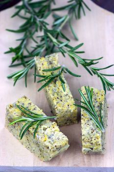 Baked polenta "taragna" (corn and buckwheat flours) with italian cheese (taleggio, gorgonzola, parmigiano reggiano) and rosemary