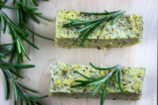 Baked polenta "taragna" (corn and buckwheat flours) with italian cheese (taleggio, gorgonzola, parmigiano reggiano) and rosemary