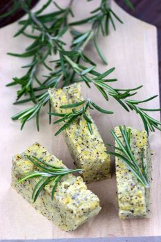 Baked polenta "taragna" (corn and buckwheat flours) with italian cheese (taleggio, gorgonzola, parmigiano reggiano) and rosemary