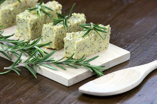 Baked polenta "taragna" (corn and buckwheat flours) with italian cheese (taleggio, gorgonzola, parmigiano reggiano) and rosemary