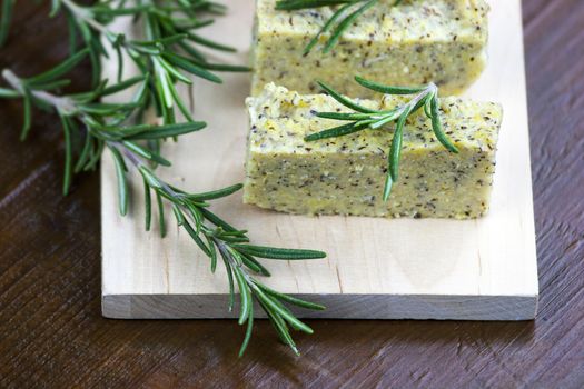 Baked polenta "taragna" (corn and buckwheat flours) with italian cheese (taleggio, gorgonzola, parmigiano reggiano) and rosemary